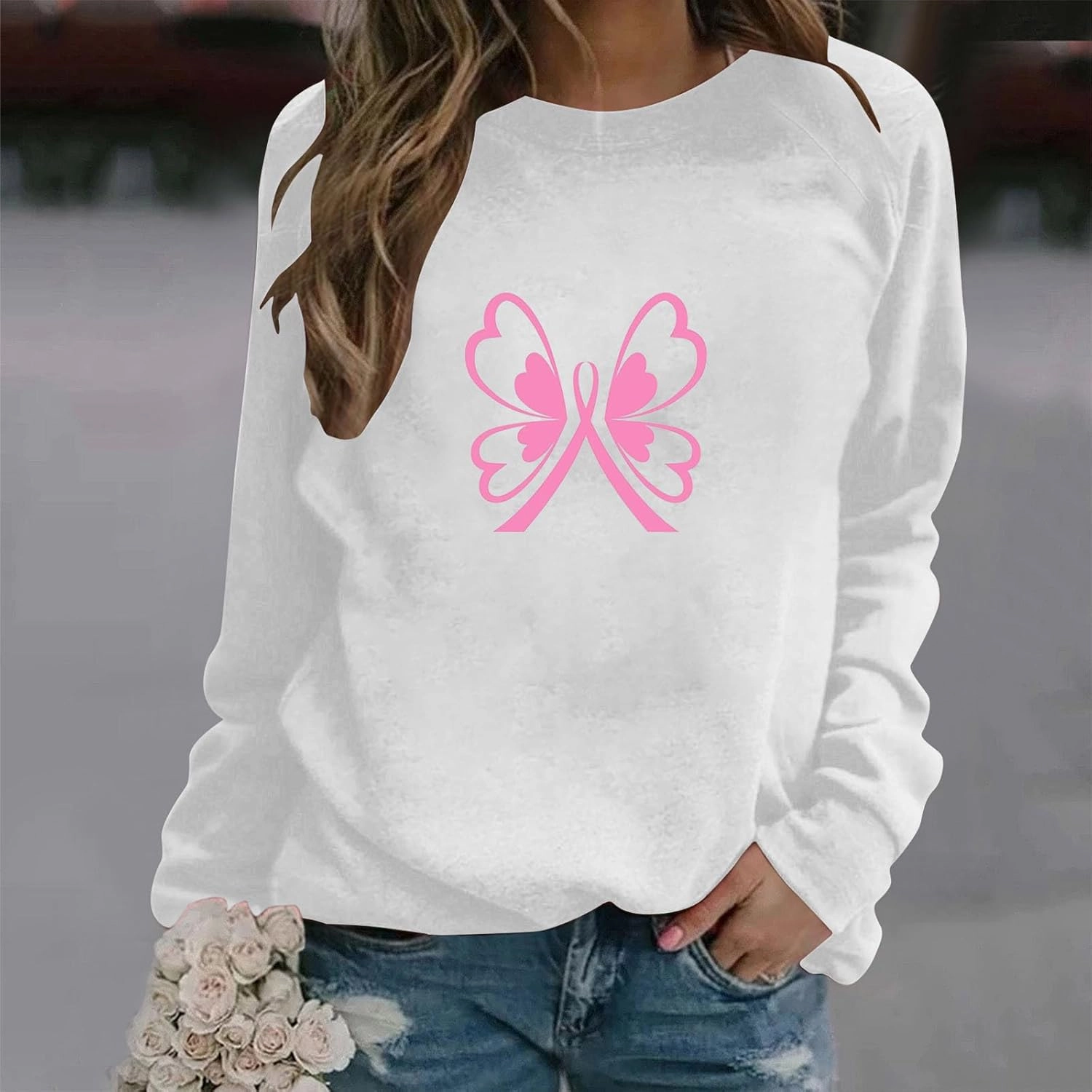 Breast Cancer Shirt for Women Long Sleeve Pink Ribbon Graphic Blouses Causal Dressy Crewneck Awareness Sweatshirts