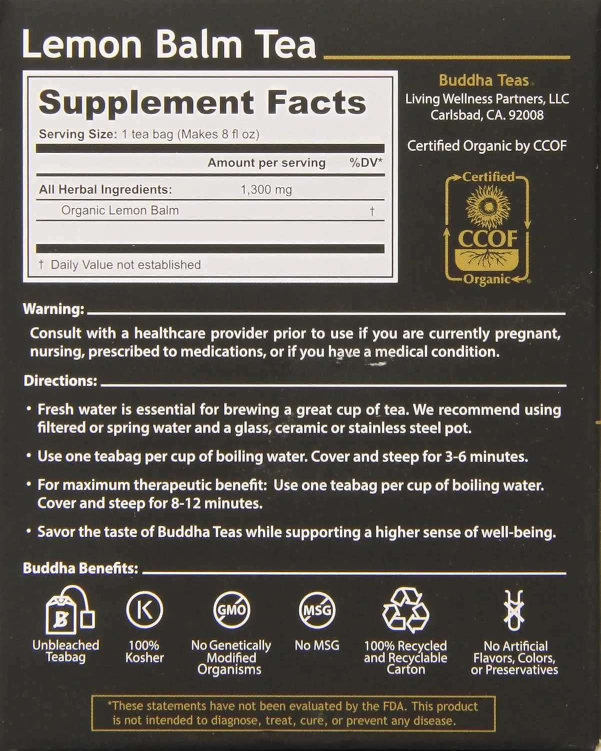Buddha Teas Organic Lemon Balm Tea - OU Kosher, USDA Organic, CCOF Organic, 18 Count (Pack of 6)