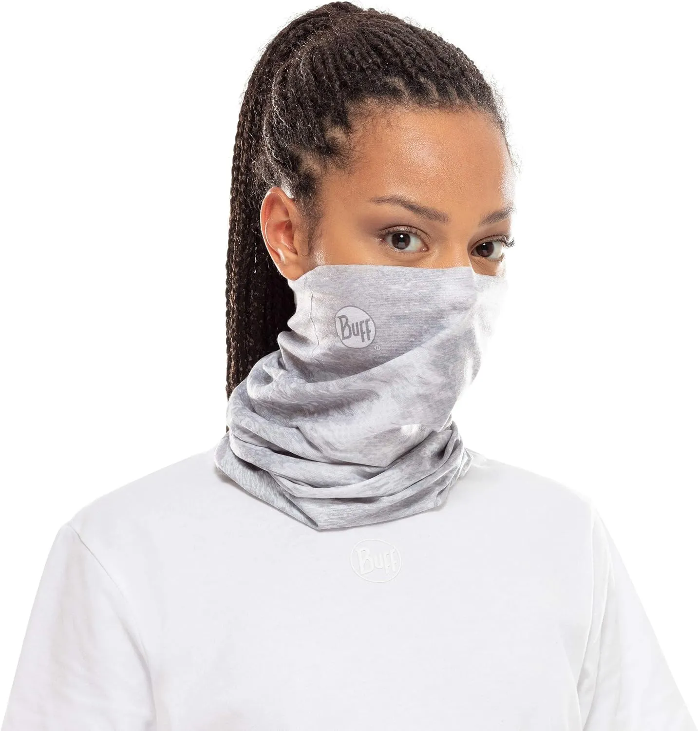 BUFF CoolNet UV Neck Gaiter, UPF 50 Sun Protection, Breathable, Versatile, Quick Dry Face Mask, White & Grey, Adult Size