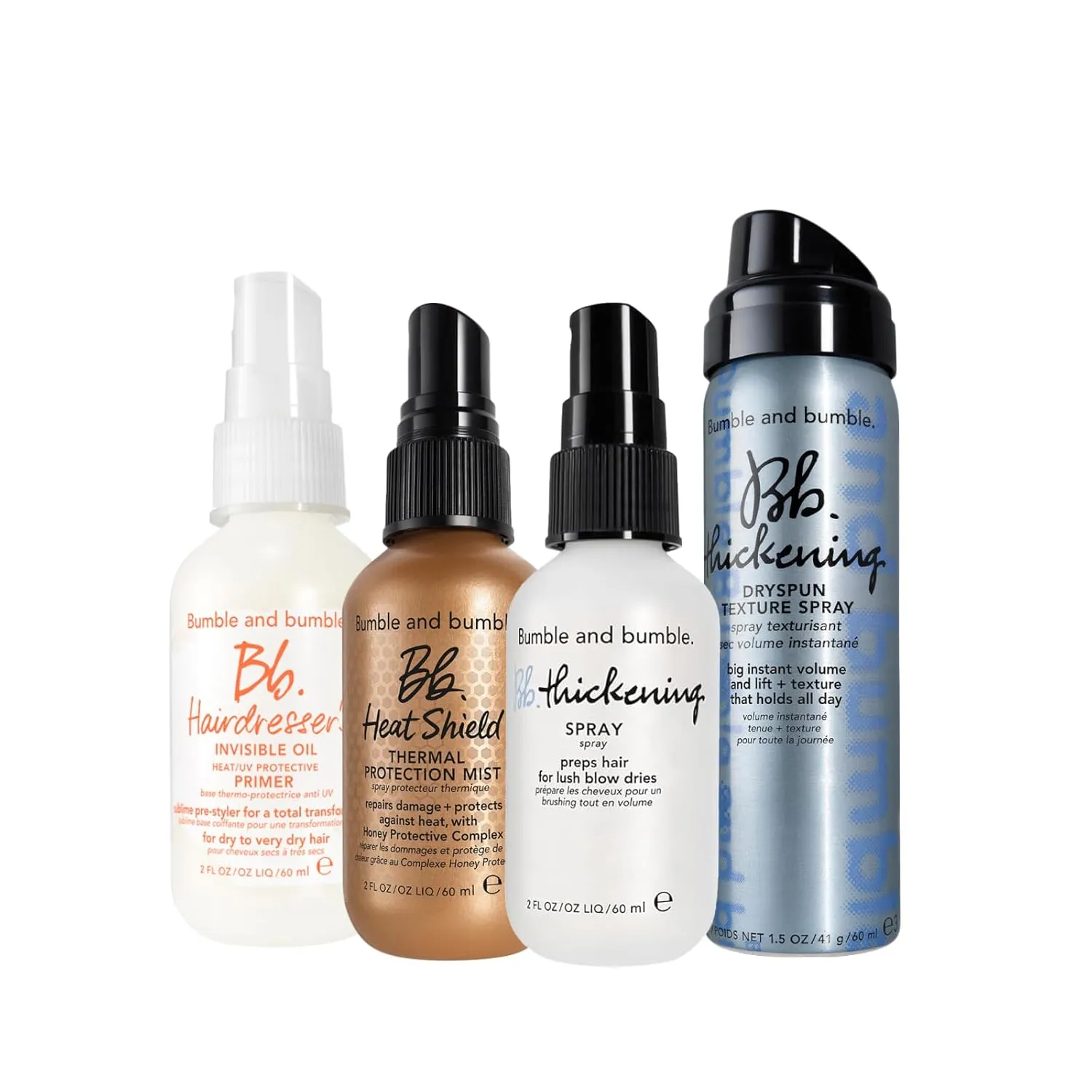 Bumble and bumble. Hairdresser's Invisible Oil Heat/UV Protection Leave-In Conditioner Hair Primer   Thickening Dryspun Volume Spray   Heat Shield   Thickening Spray Set, Mini Travel Size