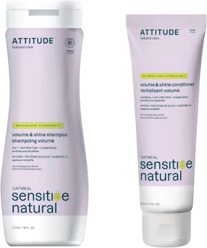Bundle of ATTITUDE Volume and Shine Hair Shampoo and Conditioner for Sensitive Dry Scalp, EWG Verified, Soothing Oat, For Thin Hair, Naturally Dervied Ingredients, Vegan and Plant-Based, Chamomile