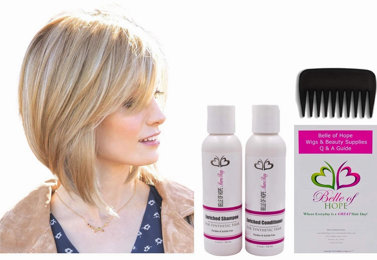 Bundle 5 Items: CODI Double Mono Synthetic Wig, 4oz Belle of Hope Enriched Shampoo, Conditioner, Wide Tooth Comb, and 19 Page Guide (Creamy Toffee R)