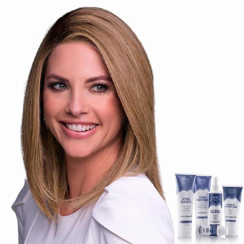Bundle - 7 Items: Carrie Lite Exclusive Human Hair by Jon Renau, Christy's Wigs Q & A Booklet, BeautiMark Hydra Shampoo Conditioner Mask Protect Leave-In Spray Shine Serum - Color: 4RN