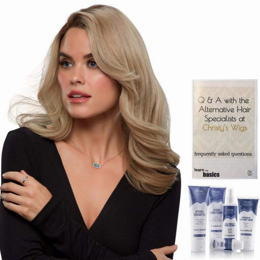 Bundle - 7 Items: Sienna Remy Human Hair by Jon Renau, Christy's Wigs Q & A Booklet, BeautiMark Hydra Shampoo Conditioner Mask Protect Leave-In Spray Shine Serum - Color: FS6/30/27