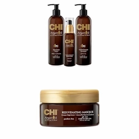 Bundle of CHI Argan Oil Kit with Shampoo, Conditioner & Oil Leave In Treatment and CHI Chi Argan Oil Rejuvenating Masque, 8 Oz.