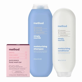 Bundle of Method Simply Nourish Moisturizing Shampoo, 14 oz (Pack of 1)   Method Simply Nourish Moisturizing Conditioner, 13.5 oz (Pack of 1)   Method Pure Peace Bar Soap (2 bars) 5 oz each