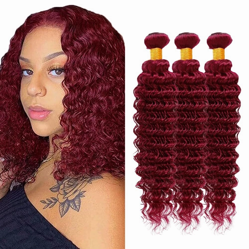 Burgundy 99J Human Hair Bundles 08 10 12 Inch Deep Wave Bundles Human Hair 12A Unprocessed Virgin Raw Quick Weave Hair for Black Women Burgundy 99J Color