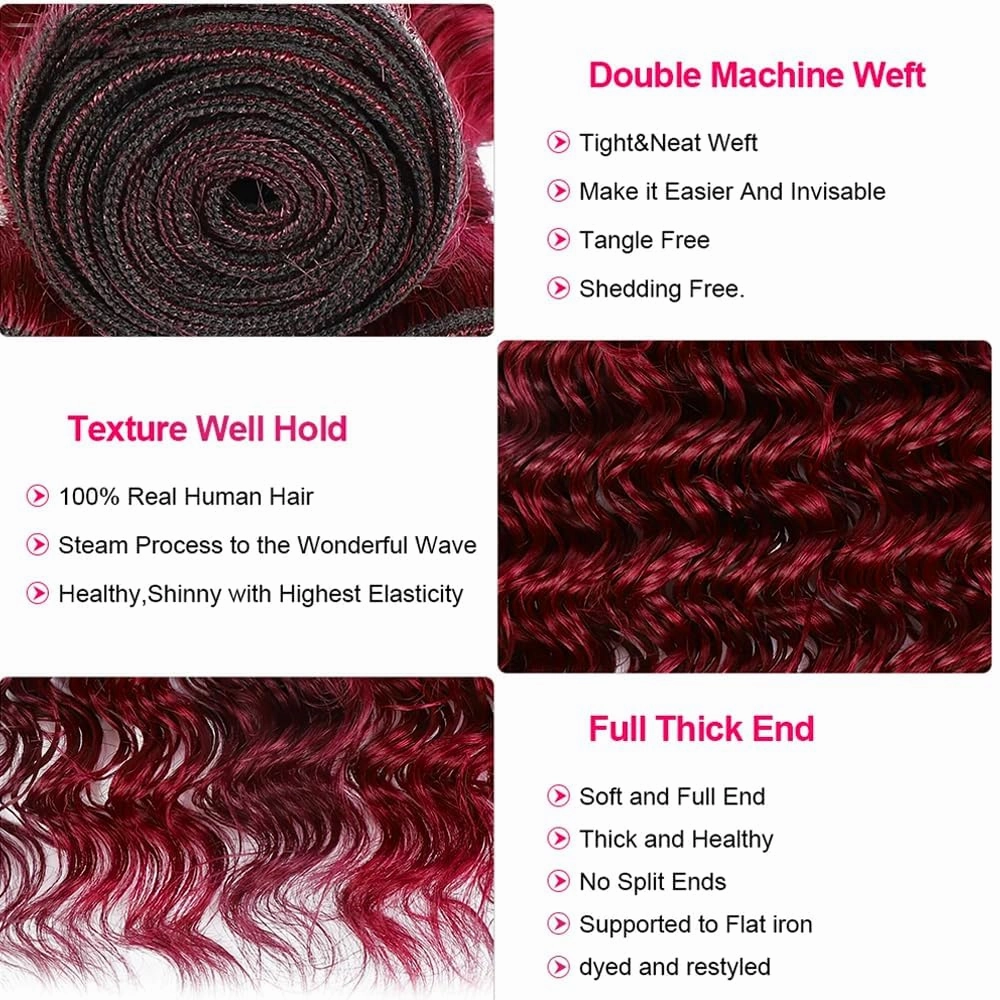 Burgundy 99J Human Hair Bundles 08 10 12 Inch Deep Wave Bundles Human Hair 12A Unprocessed Virgin Raw Quick Weave Hair for Black Women Burgundy 99J Color