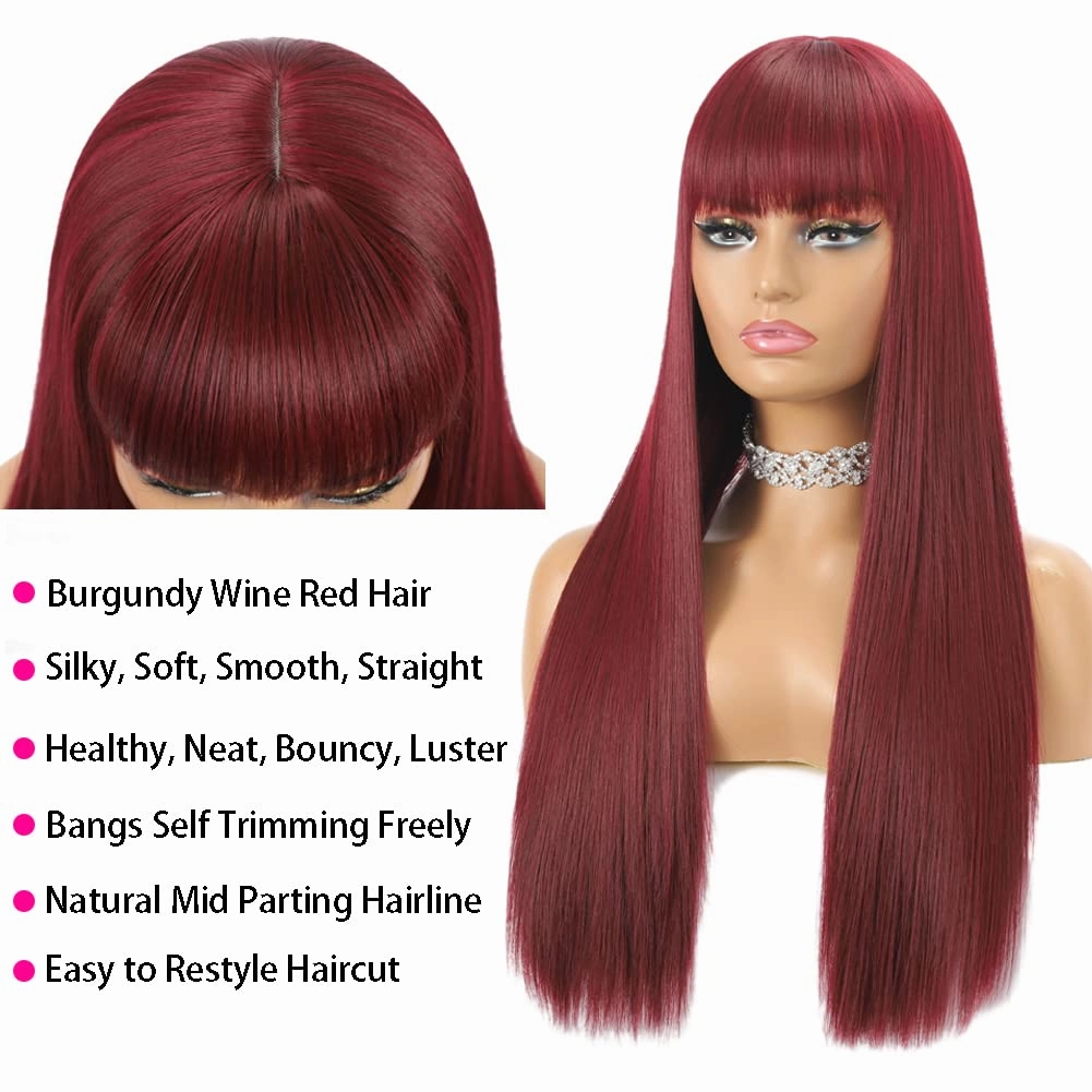 Burgundy Wine Red Wigs for Women Long Straight Wig with Bangs Natural Fashion Silky Soft Smooth Remy Hair Heat Resistant Fiber Synthetic Wigs Machine Made Glueless Full Wig Daily Realistic Wig 99J