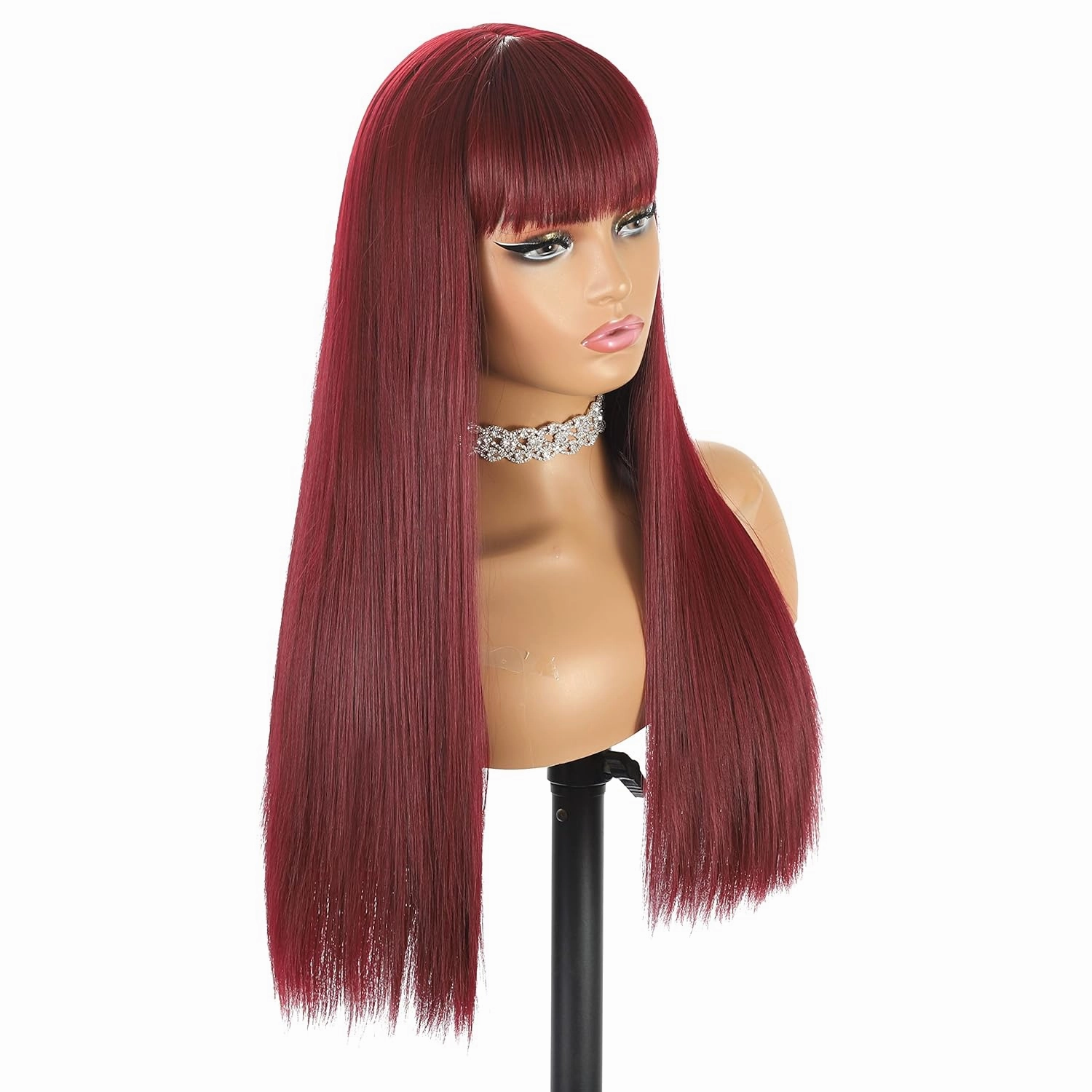 Burgundy Wine Red Wigs for Women Long Straight Wig with Bangs Natural Fashion Silky Soft Smooth Remy Hair Heat Resistant Fiber Synthetic Wigs Machine Made Glueless Full Wig Daily Realistic Wig 99J