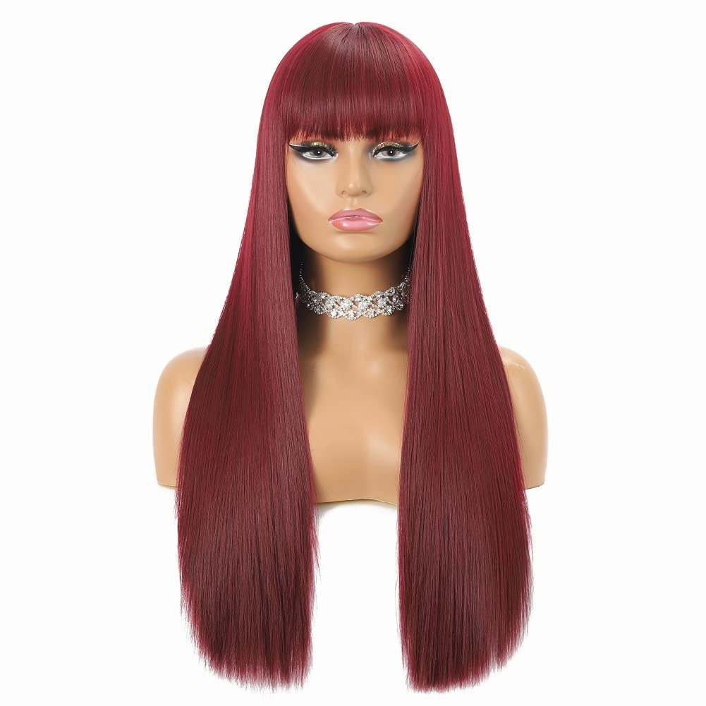 Burgundy Wine Red Wigs for Women Long Straight Wig with Bangs Natural Fashion Silky Soft Smooth Remy Hair Heat Resistant Fiber Synthetic Wigs Machine Made Glueless Full Wig Daily Realistic Wig 99J