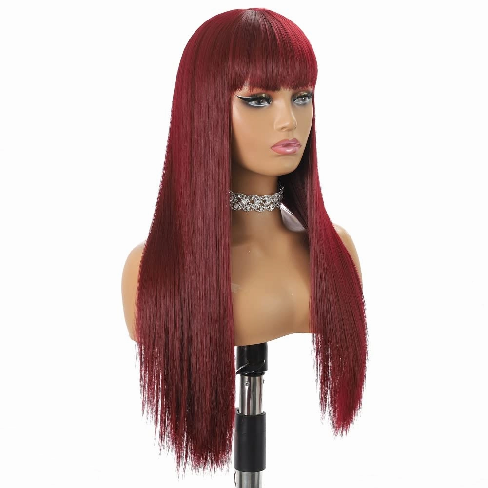 Burgundy Wine Red Wigs for Women Long Straight Wig with Bangs Natural Fashion Silky Soft Smooth Remy Hair Heat Resistant Fiber Synthetic Wigs Machine Made Glueless Full Wig Daily Realistic Wig 99J
