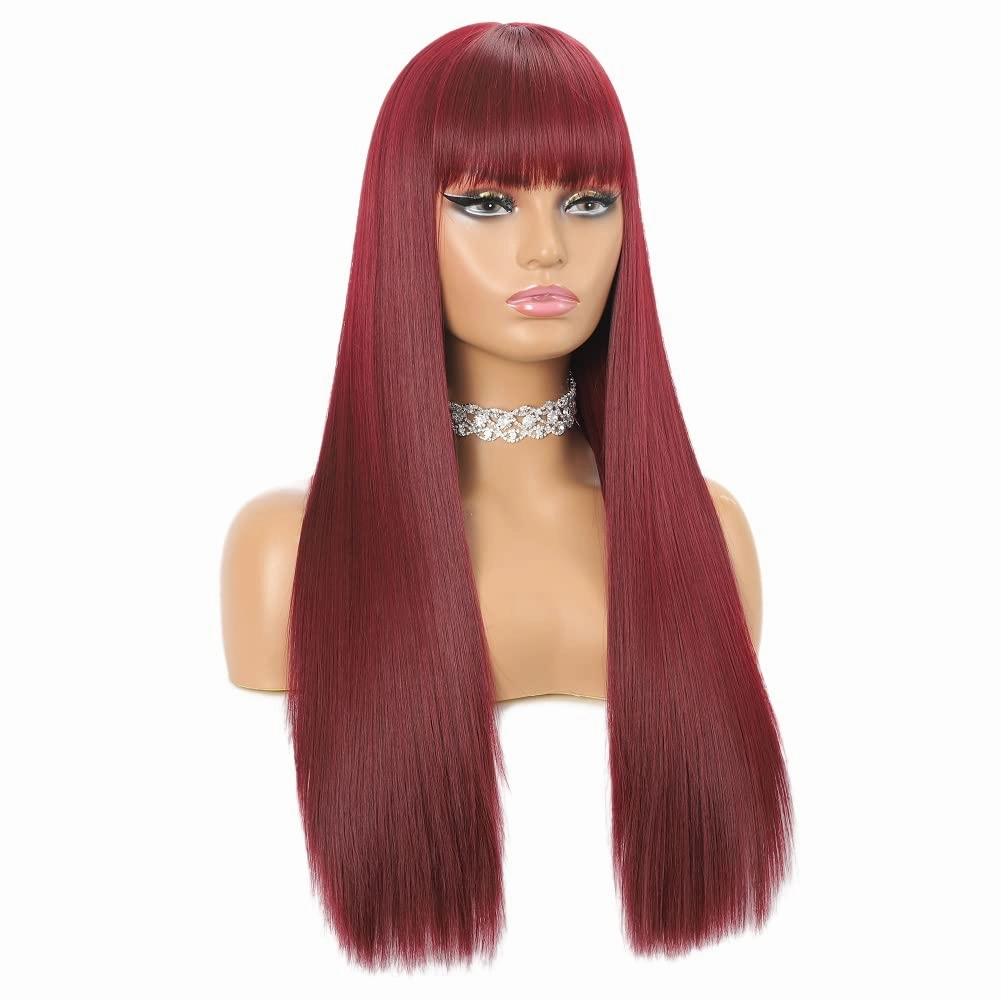 Burgundy Wine Red Wigs for Women Long Straight Wig with Bangs Natural Fashion Silky Soft Smooth Remy Hair Heat Resistant Fiber Synthetic Wigs Machine Made Glueless Full Wig Daily Realistic Wig 99J