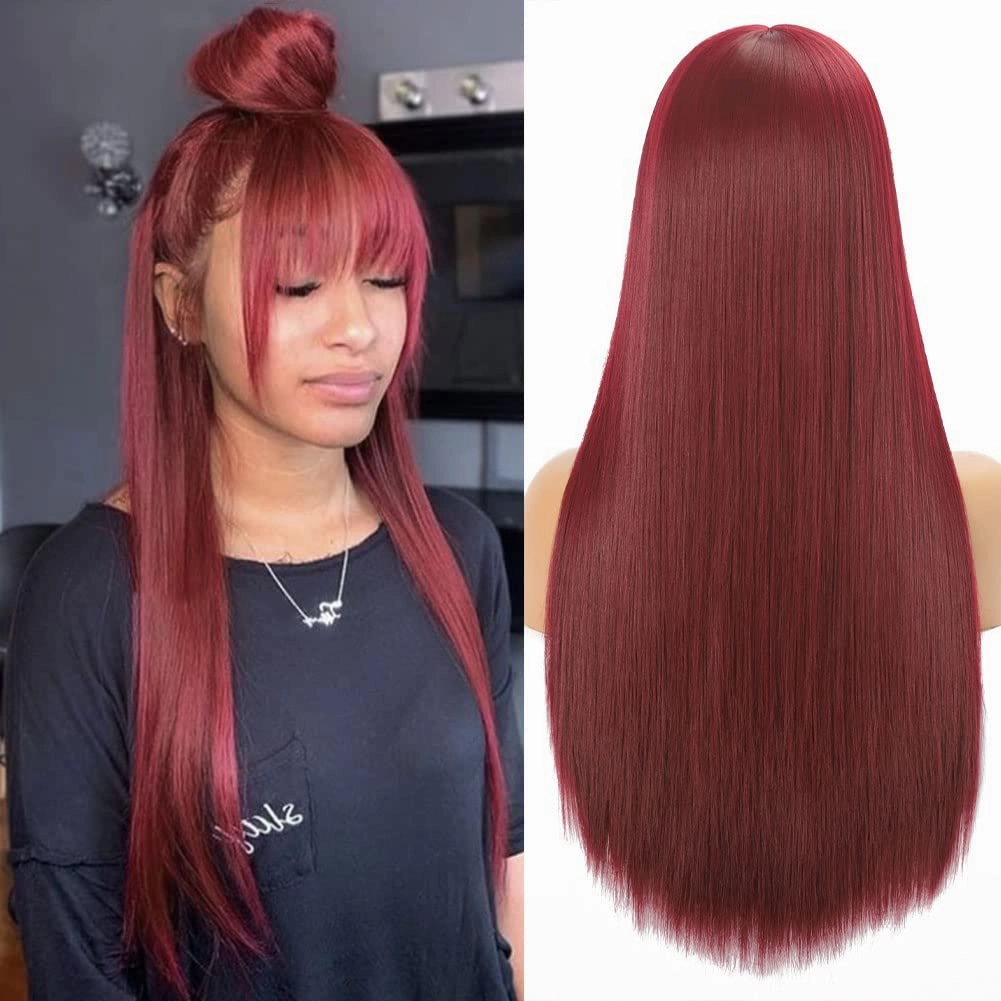 Burgundy Wine Red Wigs for Women Long Straight Wig with Bangs Natural Fashion Silky Soft Smooth Remy Hair Heat Resistant Fiber Synthetic Wigs Machine Made Glueless Full Wig Daily Realistic Wig 99J