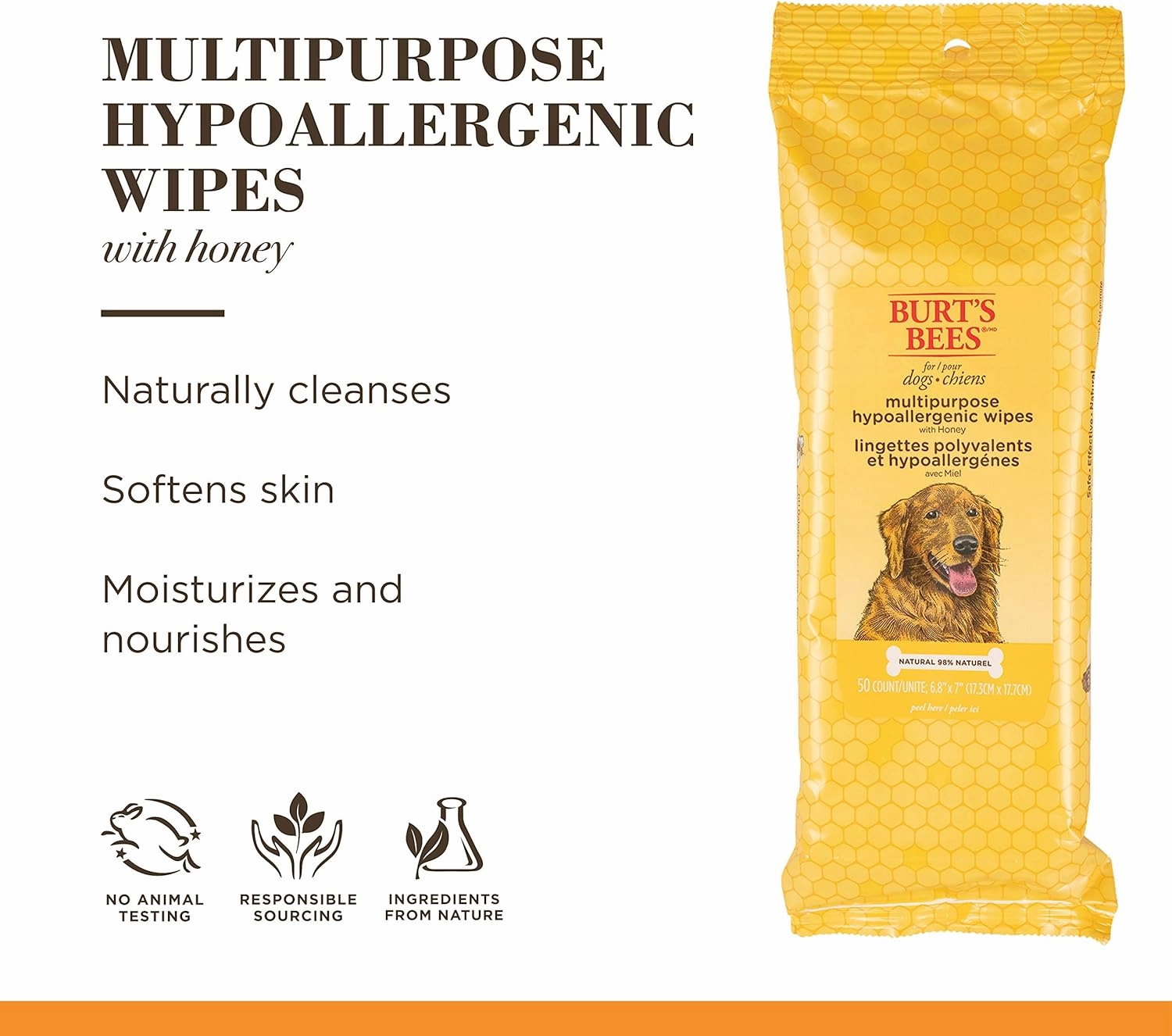 Burt's Bees for Pets Multipurpose Dog Wipes with with Honey, 3pk, 98% Natural Origin Formulas, Hypoallergenic Dog Wipes Cleaning, Dog Cleaning Wipes, Dog Wipes for Paws and Butt, epk50ct