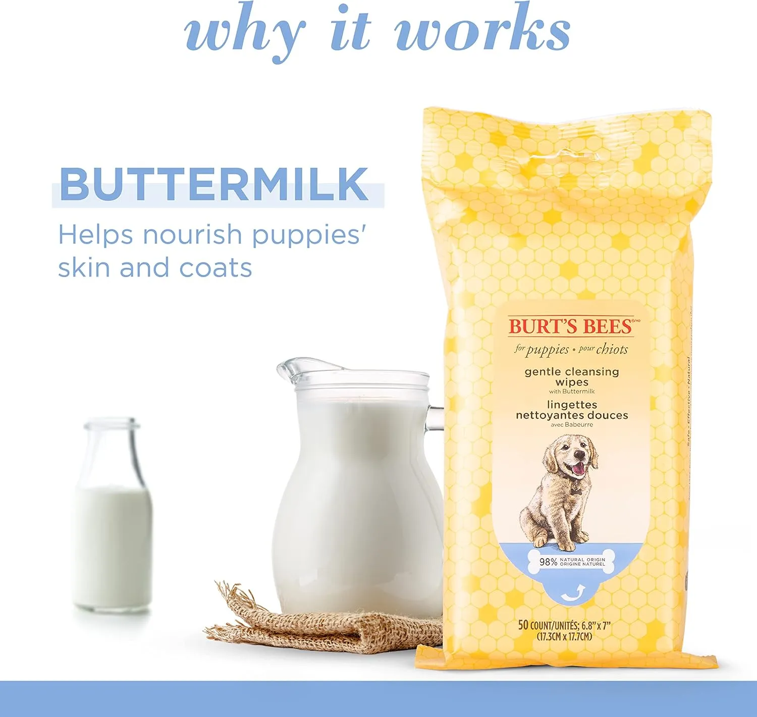 Burt's Bees for Pets Gentle Cleansing Puppy Wipes with Buttermilk, 6pk, 98% Natural Origin Formulas, Hypoallergenic Dog Wipes Cleaning, Dog Cleaning Wipes, Dog Wipes for Paws and Butt, 6pk, 100ct