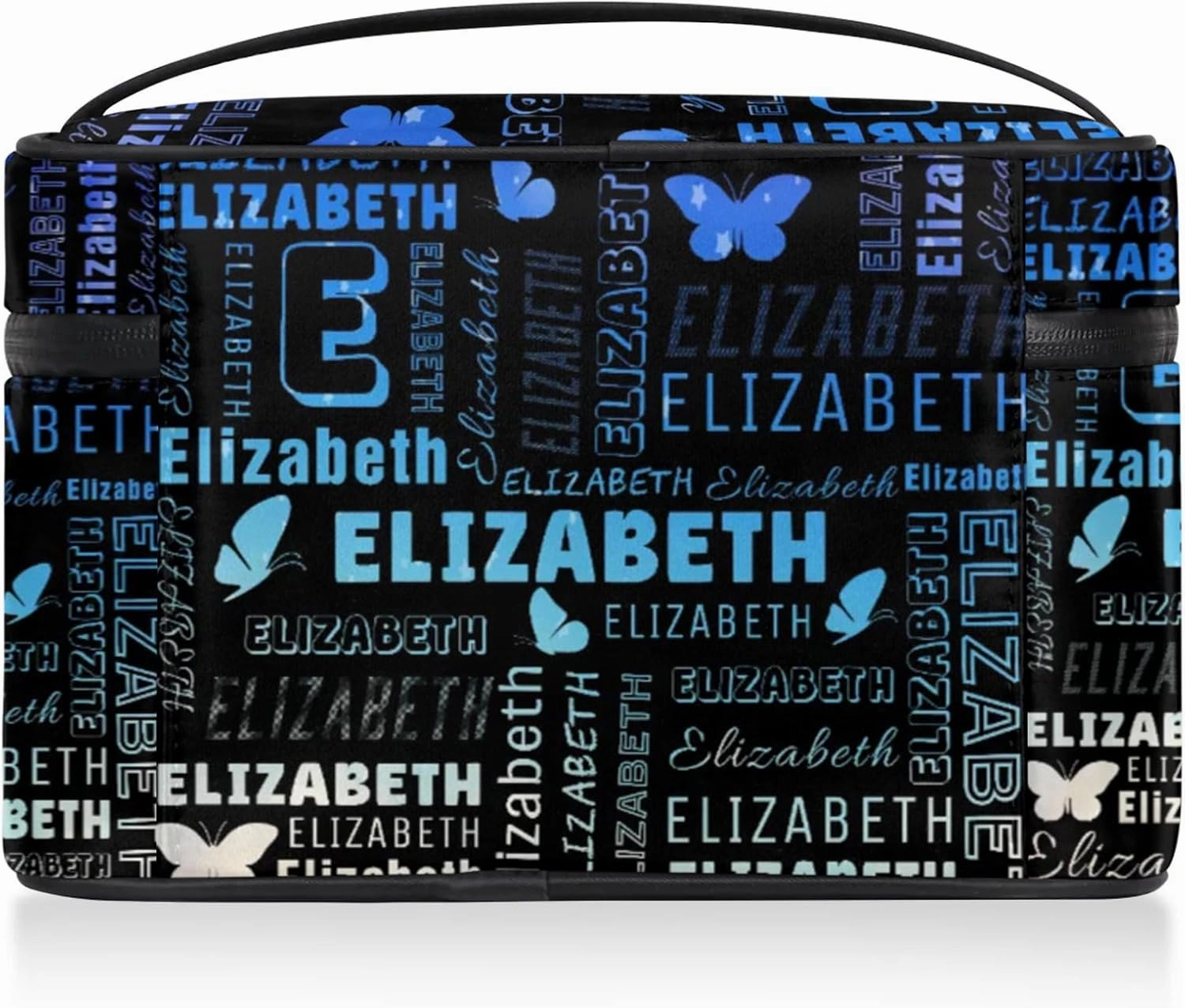 Butterfly Custom Name Makeup Bag Personalized Large Cosmetic Case Portable Travel Make Up Organizer for Women Girls With Handle, Gradient Light Blue