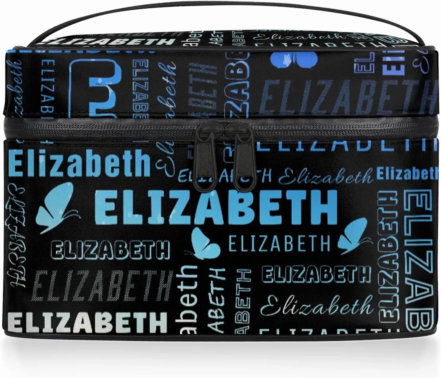 Butterfly Custom Name Makeup Bag Personalized Large Cosmetic Case Portable Travel Make Up Organizer for Women Girls With Handle, Gradient Light Blue
