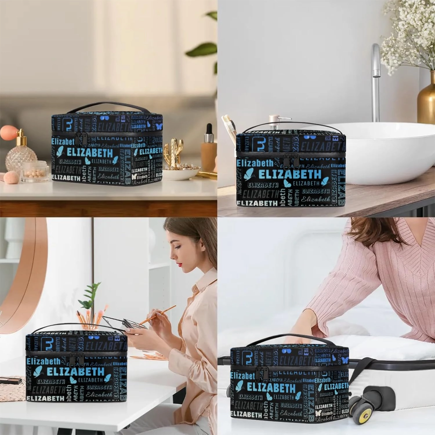 Butterfly Custom Name Makeup Bag Personalized Large Cosmetic Case Portable Travel Make Up Organizer for Women Girls With Handle, Gradient Light Blue