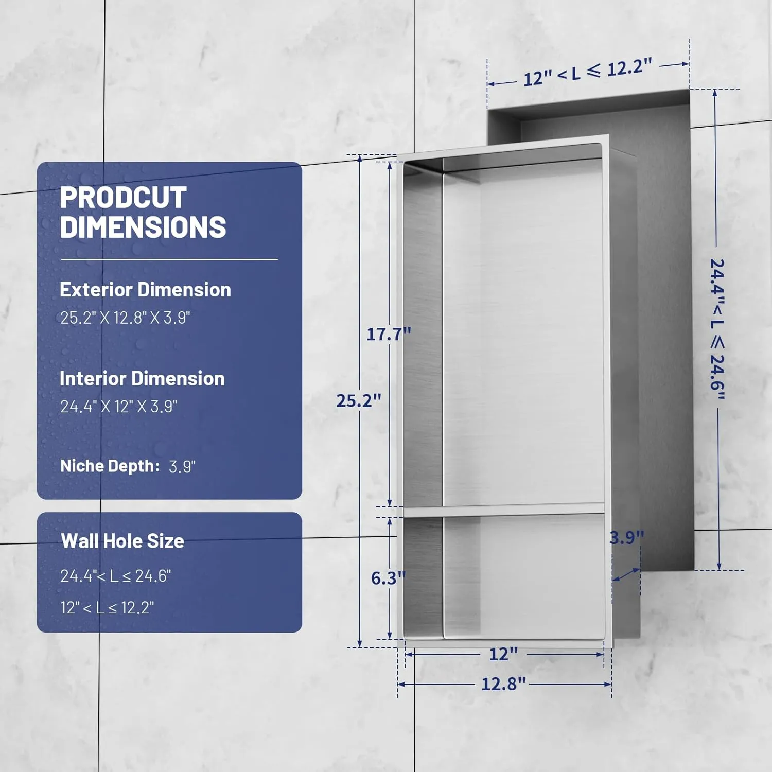 BWE 13" X 25" Stainless Steel Shower Niche, No Tile Needed Double Shelves Recessed Brushed Nickel Wall Niche, for Bathroom Storage,Over Mount Installation
