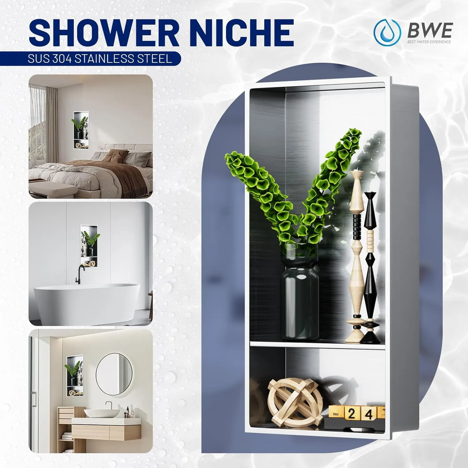 BWE 13" X 25" Stainless Steel Shower Niche, No Tile Needed Double Shelves Recessed Brushed Nickel Wall Niche, for Bathroom Storage,Over Mount Installation