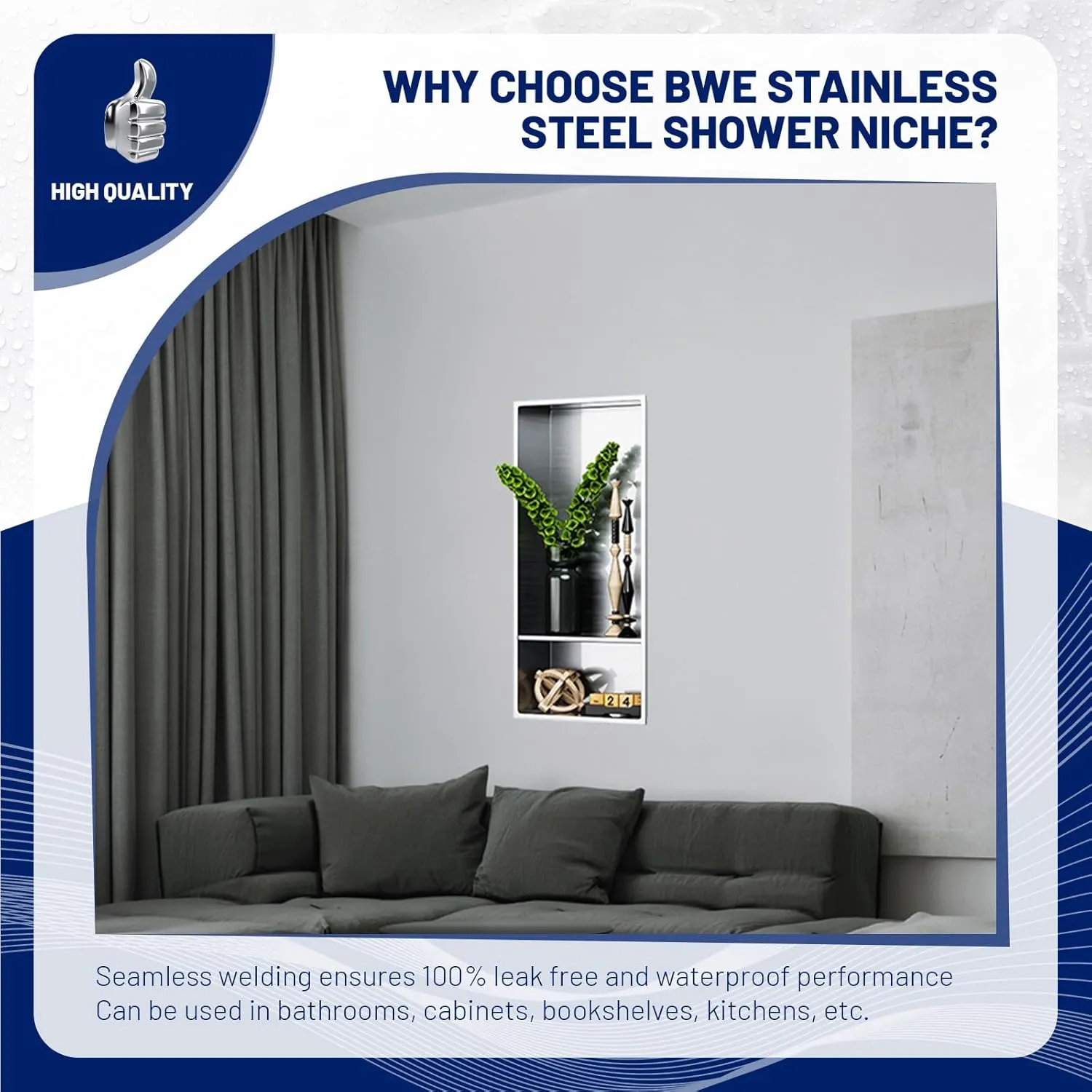 BWE 13" X 25" Stainless Steel Shower Niche, No Tile Needed Double Shelves Recessed Brushed Nickel Wall Niche, for Bathroom Storage,Over Mount Installation