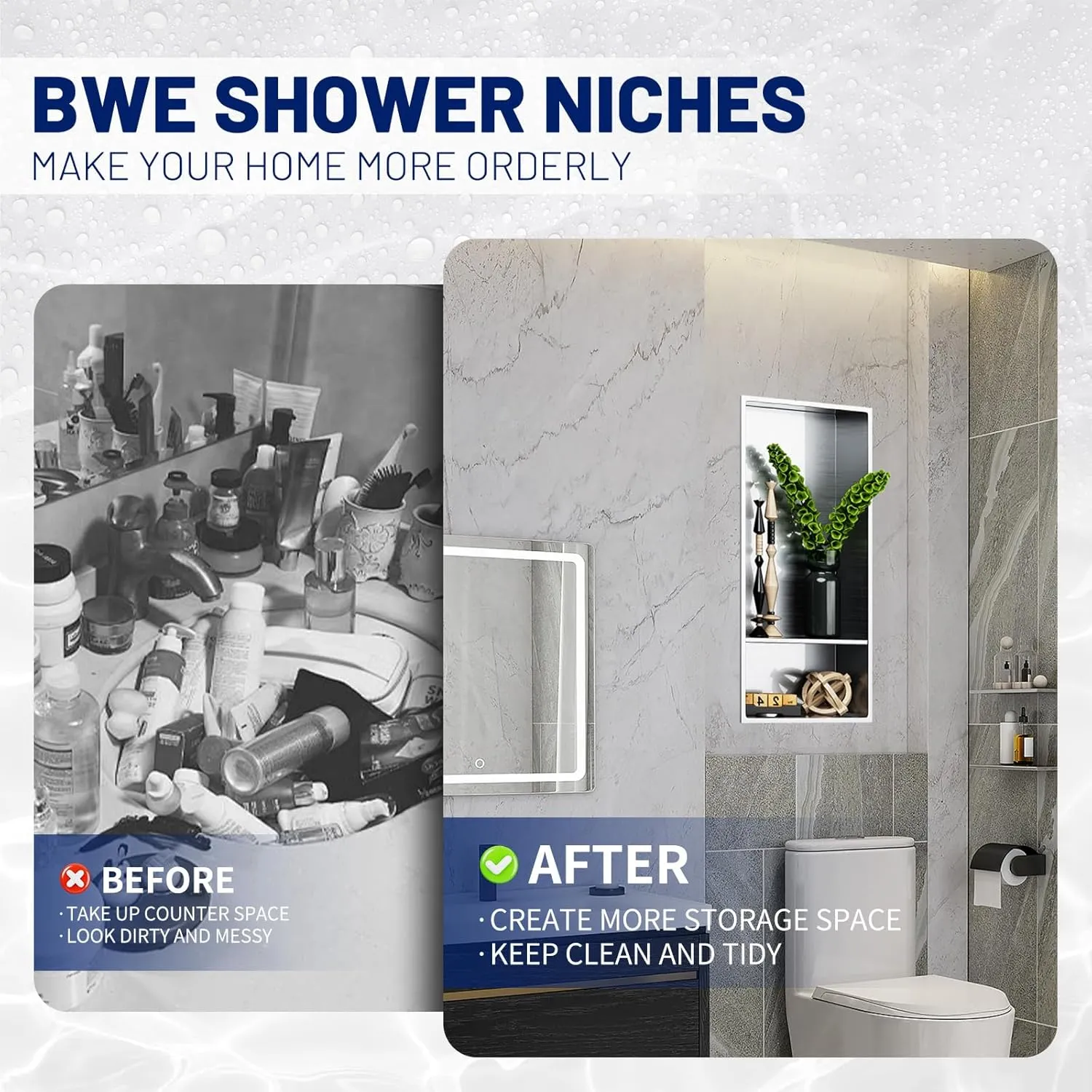 BWE 13" X 25" Stainless Steel Shower Niche, No Tile Needed Double Shelves Recessed Brushed Nickel Wall Niche, for Bathroom Storage,Over Mount Installation