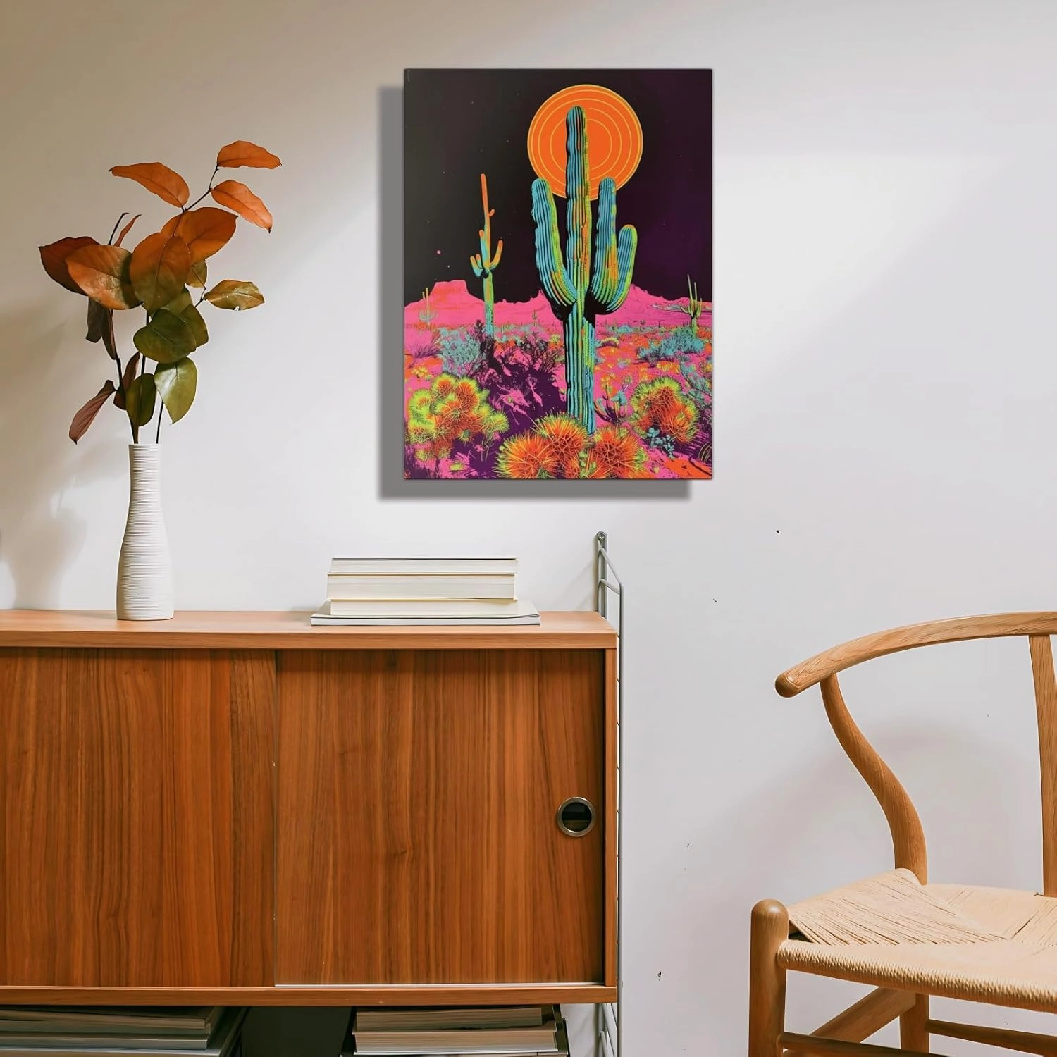 Cactus Decor Framed Artwork,Desert Sunset Wall Art,Botanical Prints Trippy Posters,Green Pastel Landscape Abstract Illustrations,Cactus Trippy Room Decor Aesthetic Bathroom Wall Art (Framed, 12x16 inches)