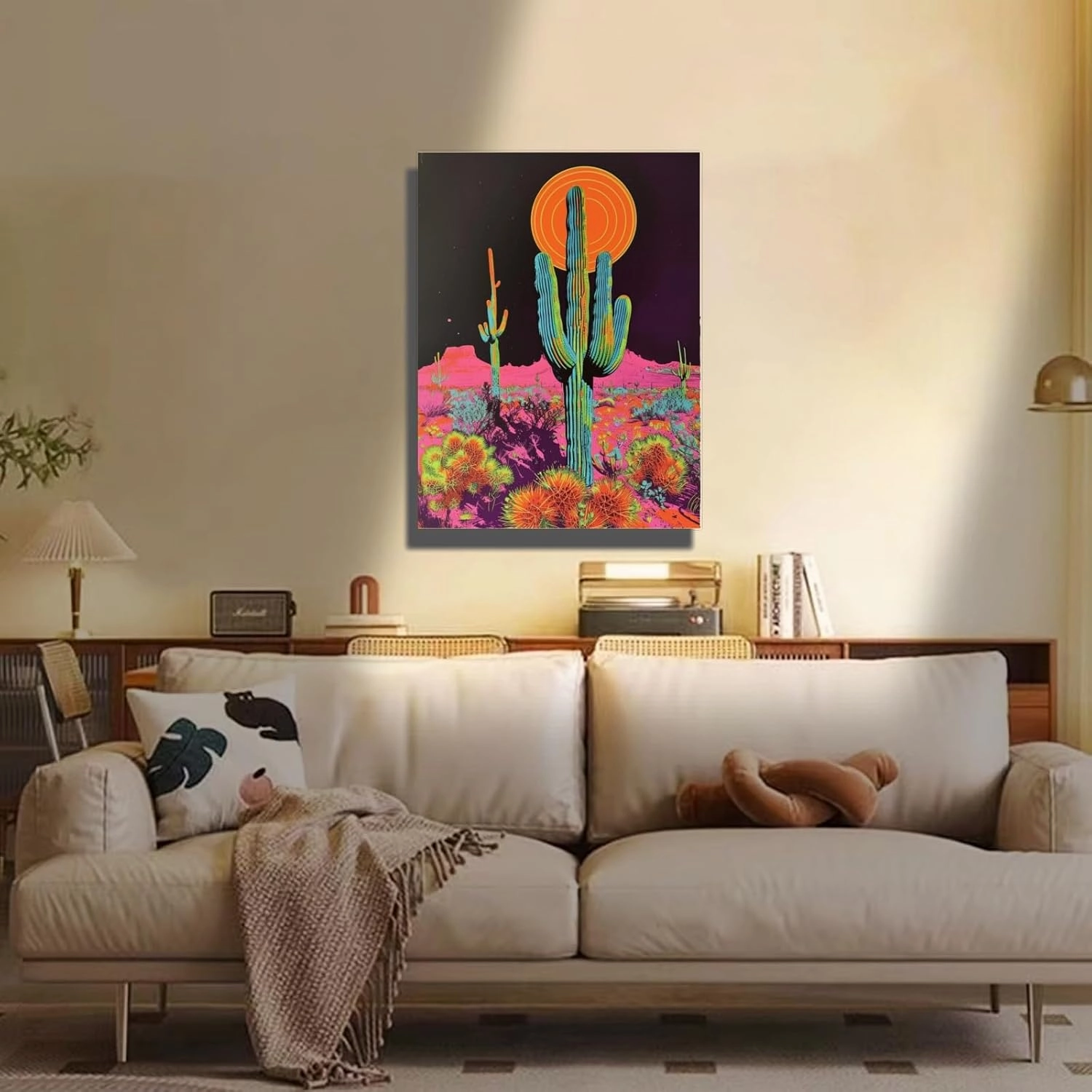 Cactus Decor Framed Artwork,Desert Sunset Wall Art,Botanical Prints Trippy Posters,Green Pastel Landscape Abstract Illustrations,Cactus Trippy Room Decor Aesthetic Bathroom Wall Art (Framed, 12x16 inches)