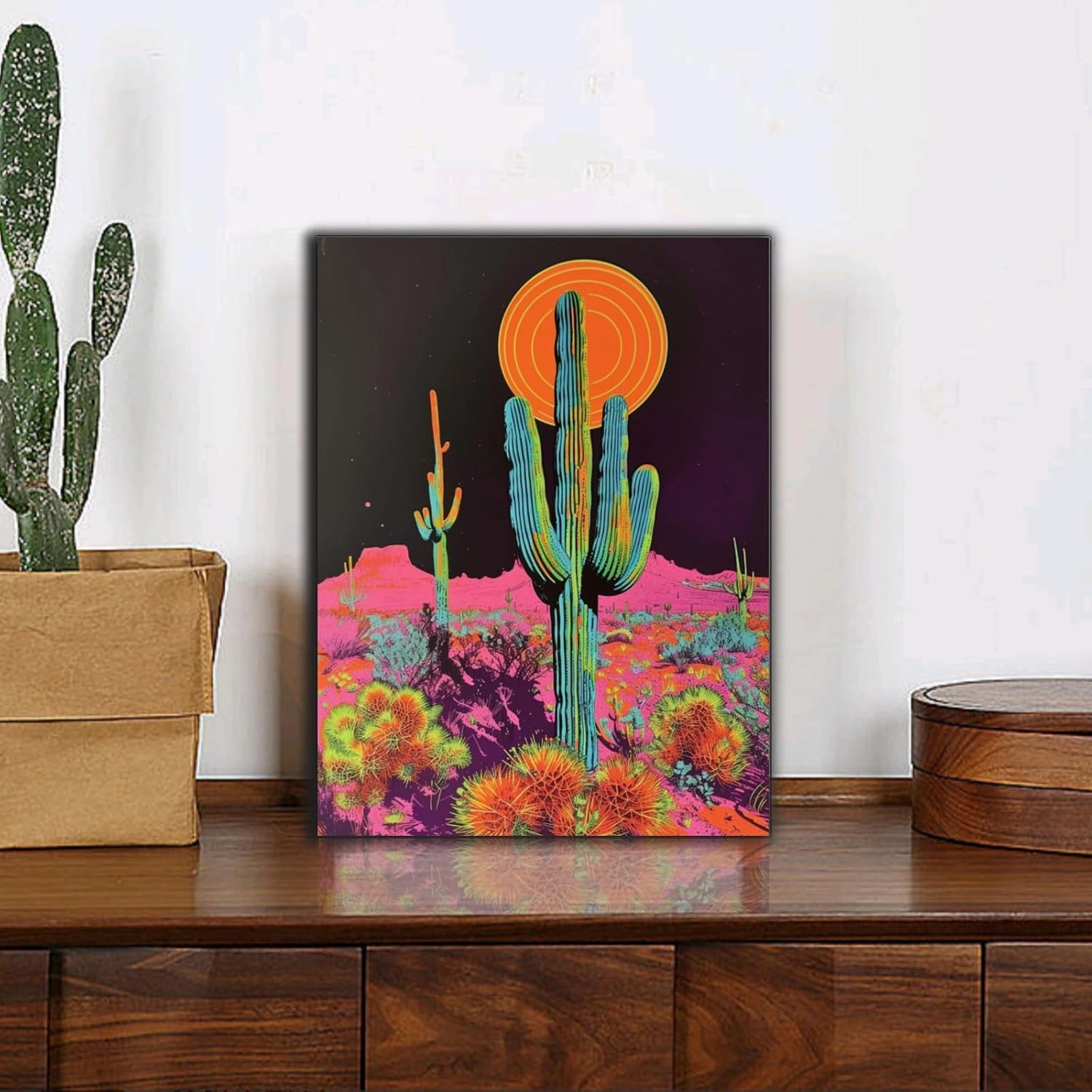 Cactus Decor Framed Artwork,Desert Sunset Wall Art,Botanical Prints Trippy Posters,Green Pastel Landscape Abstract Illustrations,Cactus Trippy Room Decor Aesthetic Bathroom Wall Art (Framed, 12x16 inches)