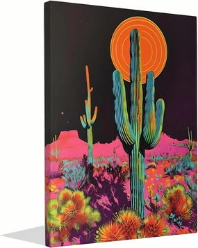 Cactus Decor Framed Artwork,Desert Sunset Wall Art,Botanical Prints Trippy Posters,Green Pastel Landscape Abstract Illustrations,Cactus Trippy Room Decor Aesthetic Bathroom Wall Art (Framed, 12x16 inches)