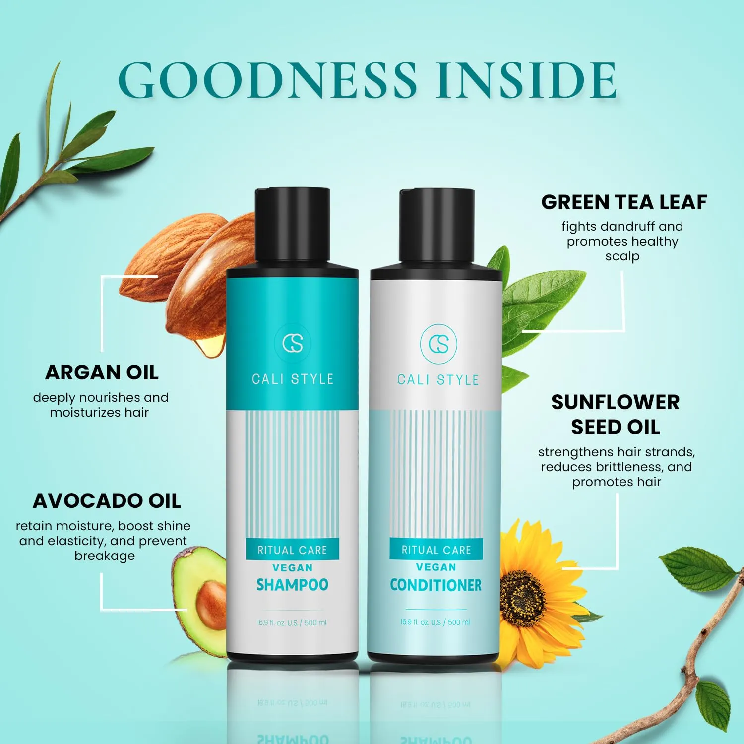 Cali Style Shampoo and Conditioner Set for Dry & Damaged Hair | Vegan Shampoo and Conditioner | Strengthens Hair Fiber | Paraben & Sulfate-Free | Hydrates Hair | Deeply Cleanses & Detangles (16.9 Oz)