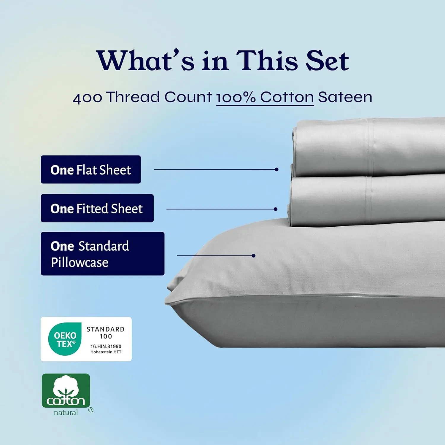 California Design Den Natural 100% Cotton Sheets, Twin Sheets Set, 400 Thread Count Sateen Bedding for Dorm Rooms & Adults, Deep Pockets, Cool & Durable - Light Grey