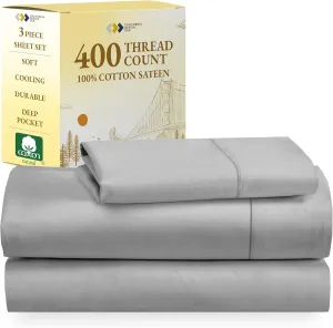 California Design Den Natural 100% Cotton Sheets, Twin Sheets Set, 400 Thread Count Sateen Bedding for Dorm Rooms & Adults, Deep Pockets, Cool & Durable - Light Grey