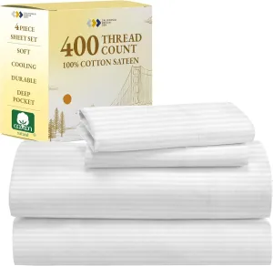 California Design Den Striped Full Size Bed Sheets Set - Soft 400 Thread Count Sateen, Natural 100% Cotton Sheets Set with Deep Pockets, Breathable, Cooling and Durable Bedding - Striped White