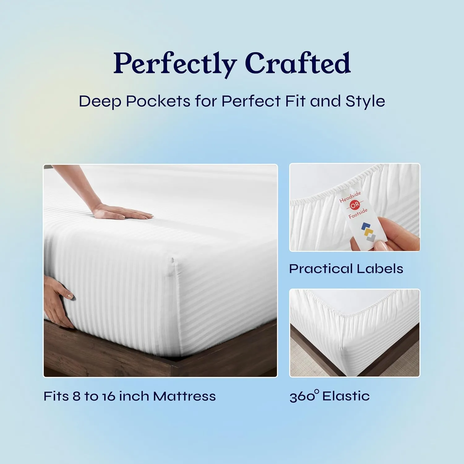 California Design Den Striped Full Size Bed Sheets Set - Soft 400 Thread Count Sateen, Natural 100% Cotton Sheets Set with Deep Pockets, Breathable, Cooling and Durable Bedding - Striped White