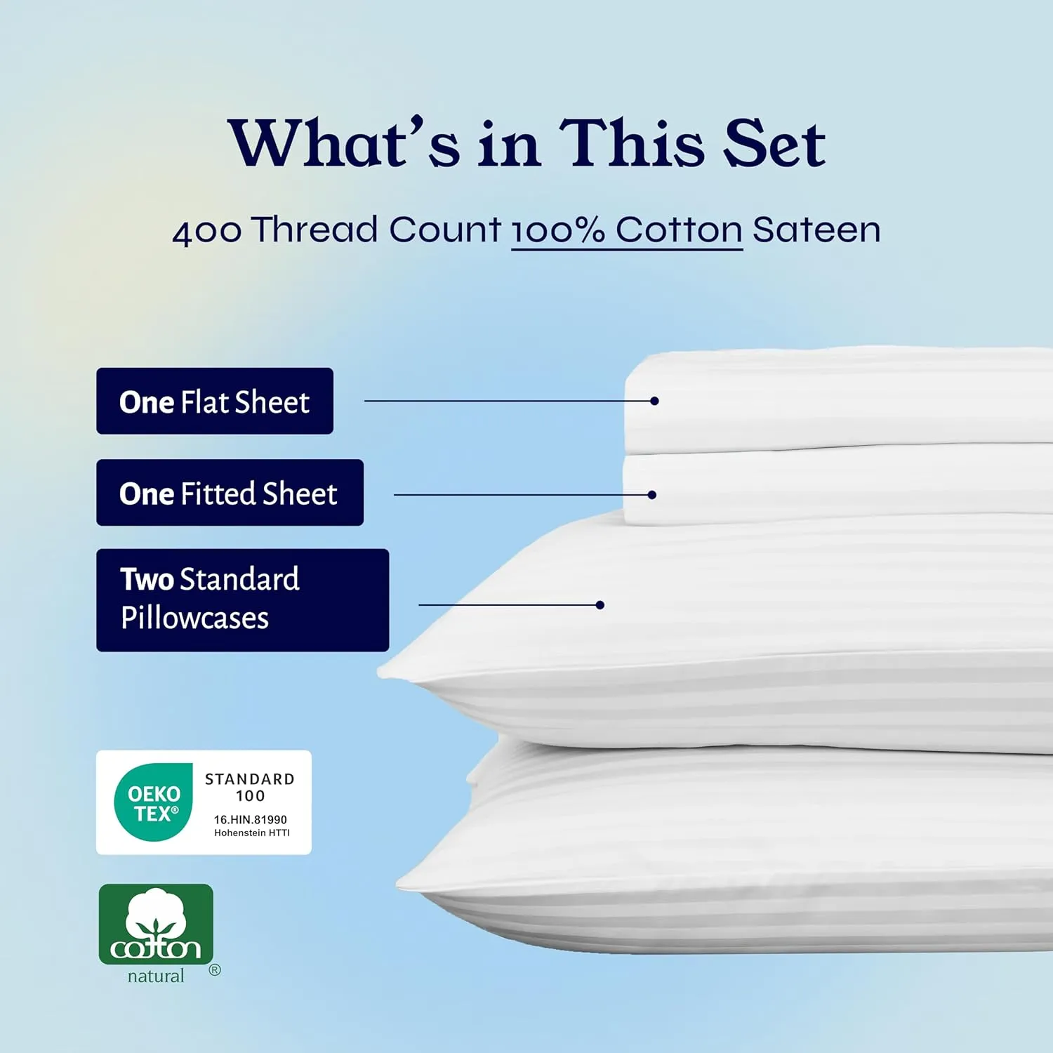 California Design Den Striped Full Size Bed Sheets Set - Soft 400 Thread Count Sateen, Natural 100% Cotton Sheets Set with Deep Pockets, Breathable, Cooling and Durable Bedding - Striped White