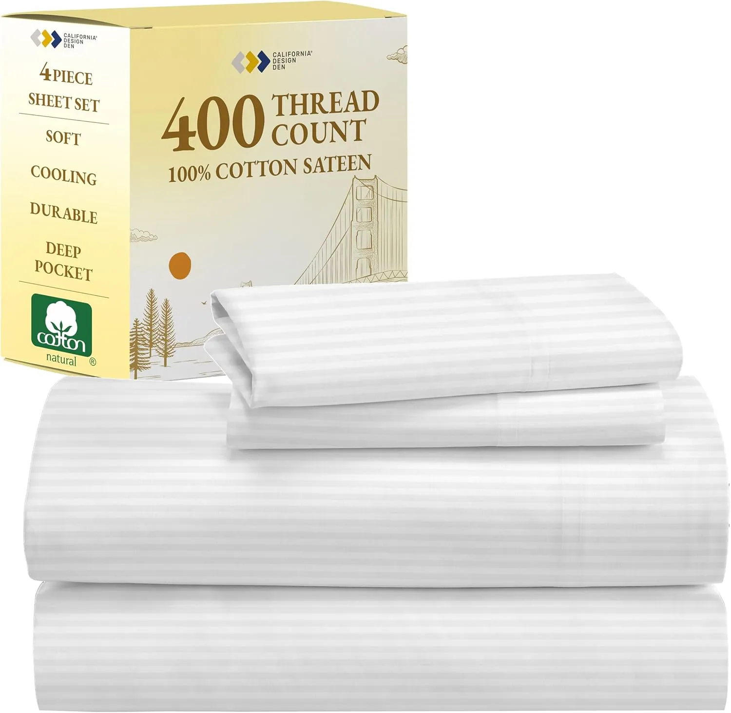California Design Den Striped Full Size Bed Sheets Set - Soft 400 Thread Count Sateen, Natural 100% Cotton Sheets Set with Deep Pockets, Breathable, Cooling and Durable Bedding - Striped White