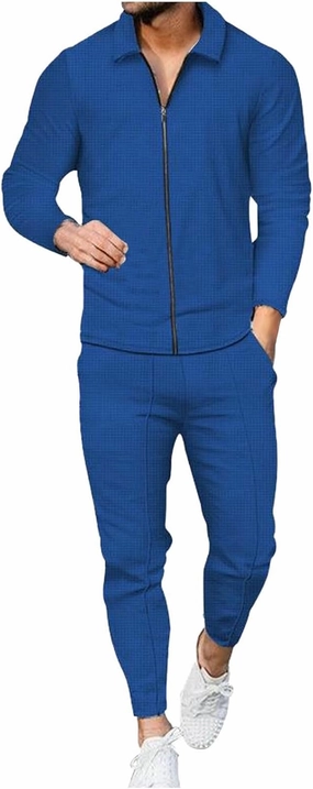 Cambkatl Men's Waffle Knit Tracksuits Lapel Collar Full Zip Up Long Sleeve Jacket 2 Piece Casual Athletic Jogging Outfits