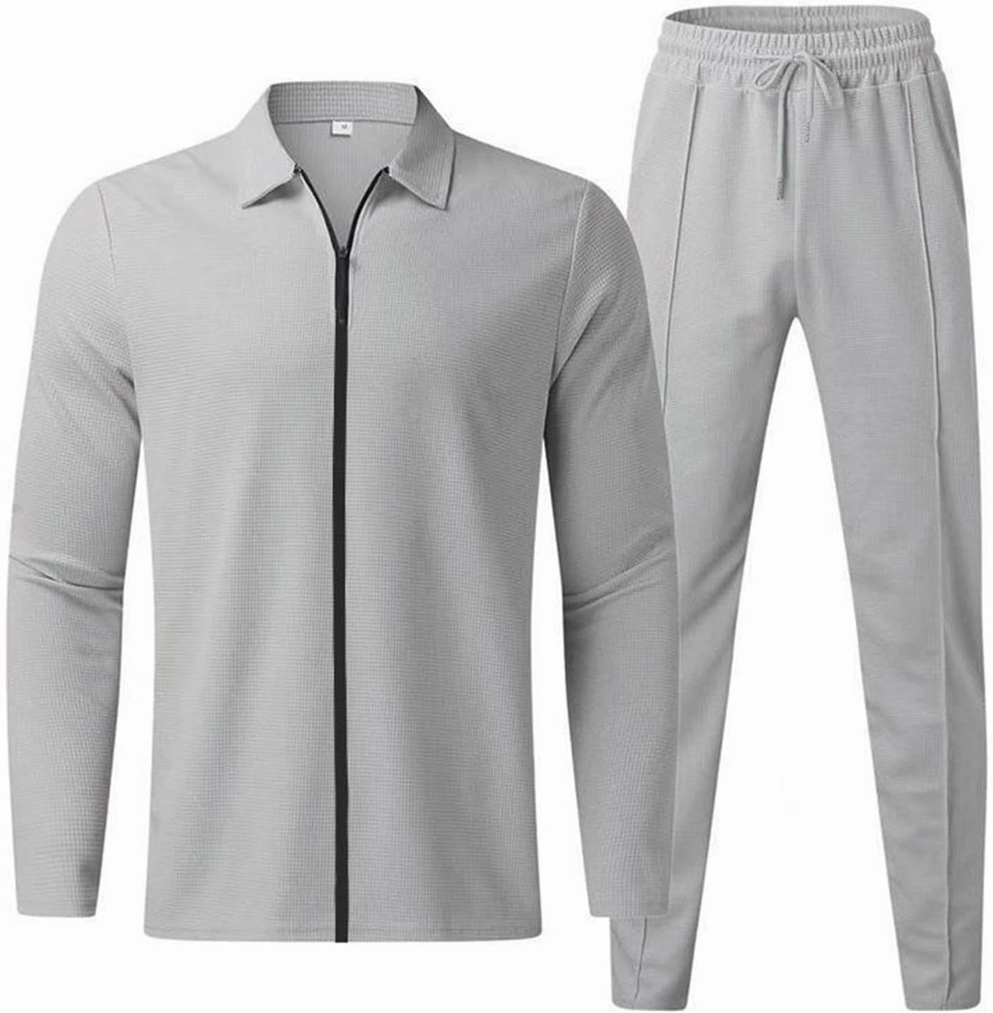 Cambkatl Men's Waffle Knit Tracksuits Lapel Collar Full Zip Up Long Sleeve Jacket 2 Piece Casual Athletic Jogging Outfits