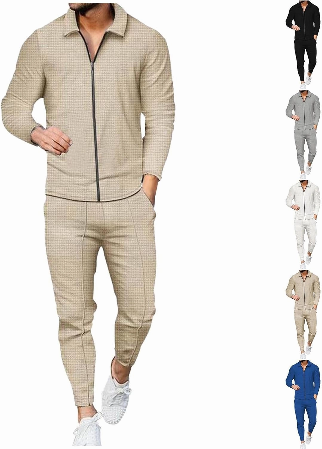 Cambkatl Men's Waffle Knit Tracksuits Lapel Collar Full Zip Up Long Sleeve Jacket 2 Piece Casual Athletic Jogging Outfits