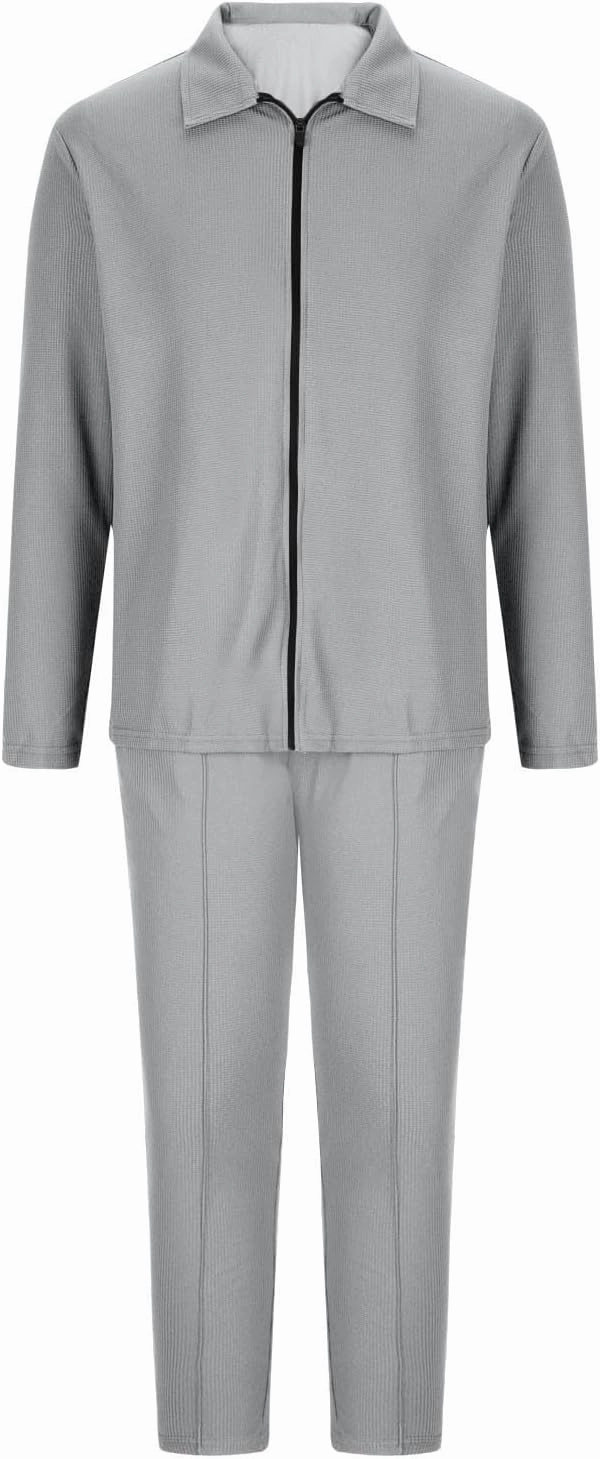 Cambkatl Men's Waffle Knit Tracksuits Lapel Collar Full Zip Up Long Sleeve Jacket 2 Piece Casual Athletic Jogging Outfits
