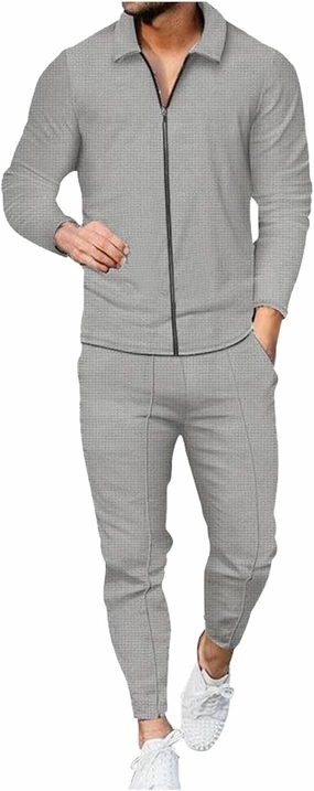 Cambkatl Men's Waffle Knit Tracksuits Lapel Collar Full Zip Up Long Sleeve Jacket 2 Piece Casual Athletic Jogging Outfits