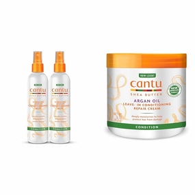 Cantu Leave-In Conditioning Mist with Shea Butter, 8 fl oz (2 Pack) & Leave-In Repair Cream with Argan Oil, 16 oz