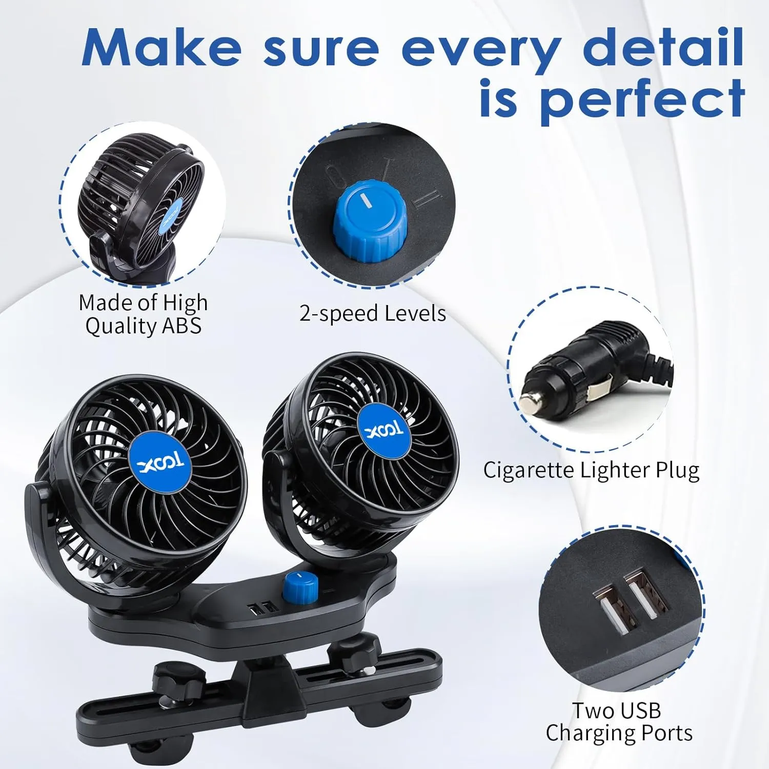 Car Fan, XOOL Electric Car Fans for Rear Seat Passenger Portable Car Seat Fan Headrest 360 Degree Rotatable Backseat Car Fan 12V Cooling Air Fan with 2 USB Charging Ports for SUV, RV, Vehicles