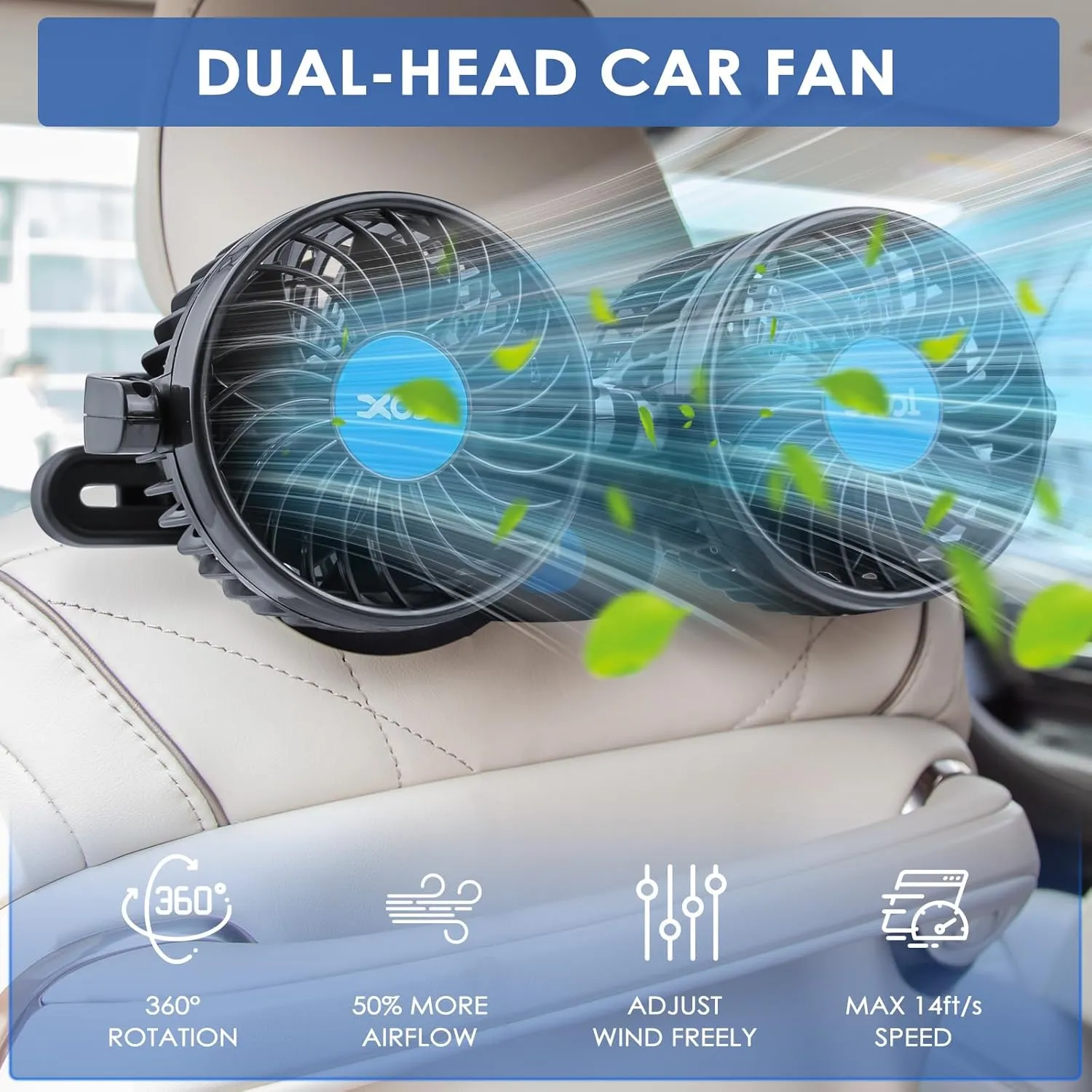 Car Fan, XOOL Electric Car Fans for Rear Seat Passenger Portable Car Seat Fan Headrest 360 Degree Rotatable Backseat Car Fan 12V Cooling Air Fan with 2 USB Charging Ports for SUV, RV, Vehicles