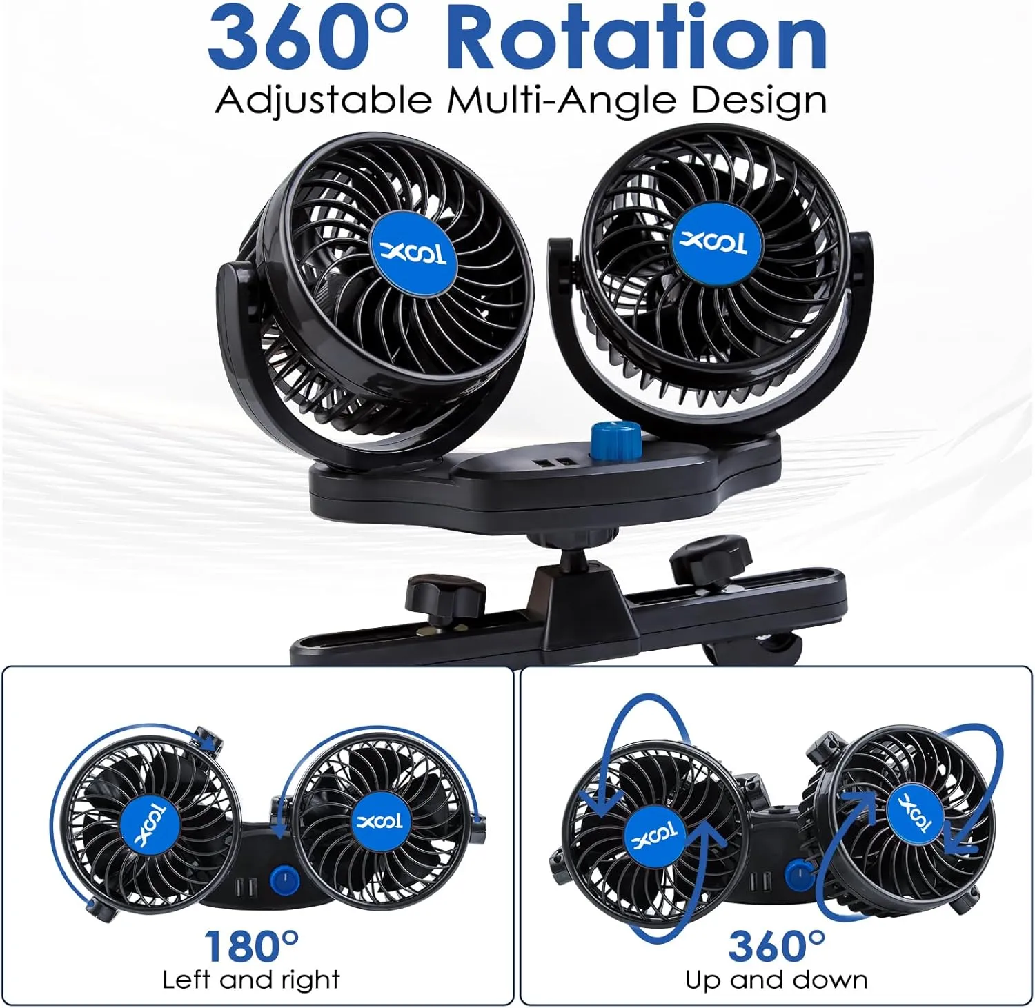Car Fan, XOOL Electric Car Fans for Rear Seat Passenger Portable Car Seat Fan Headrest 360 Degree Rotatable Backseat Car Fan 12V Cooling Air Fan with 2 USB Charging Ports for SUV, RV, Vehicles