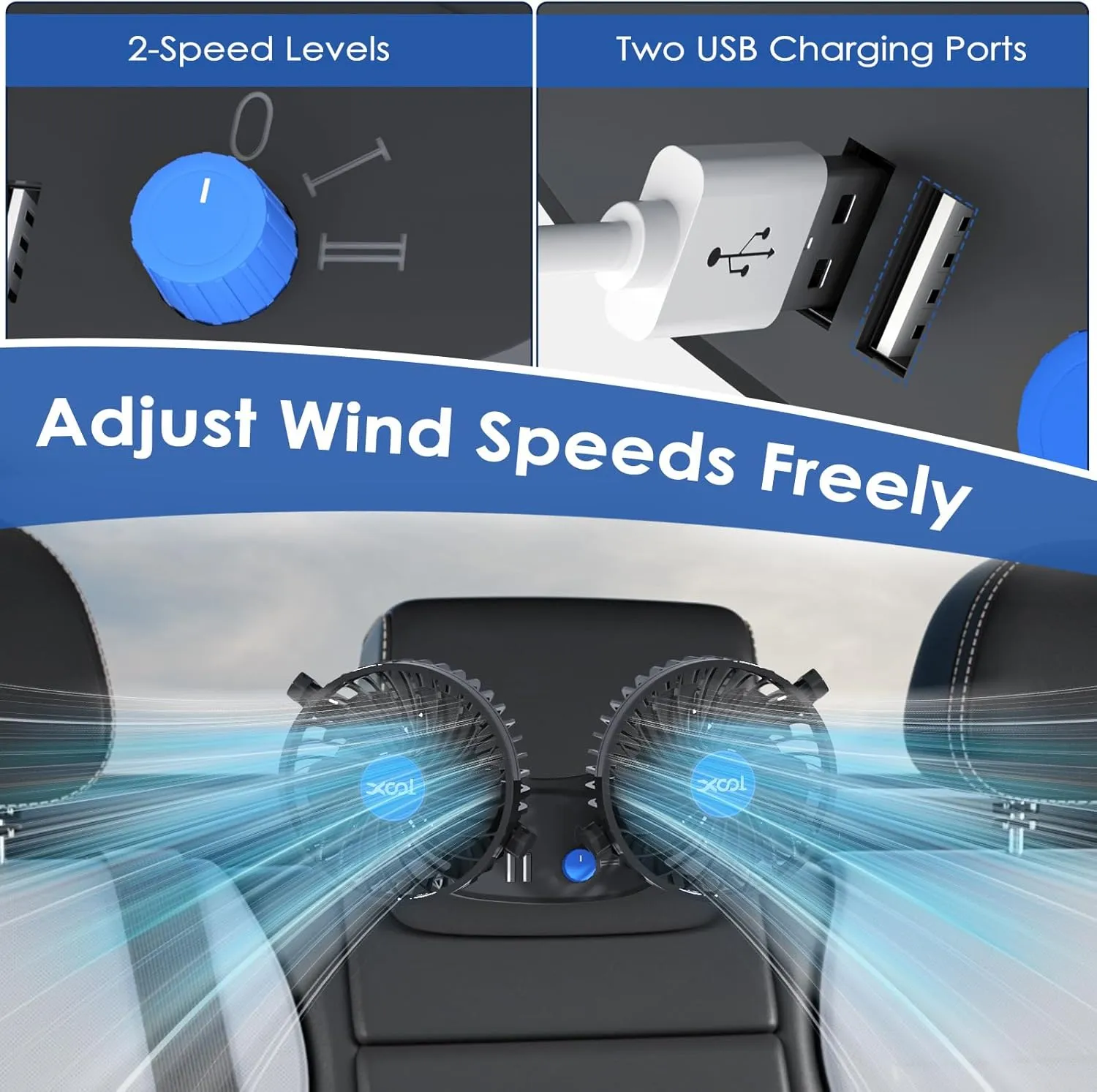 Car Fan, XOOL Electric Car Fans for Rear Seat Passenger Portable Car Seat Fan Headrest 360 Degree Rotatable Backseat Car Fan 12V Cooling Air Fan with 2 USB Charging Ports for SUV, RV, Vehicles