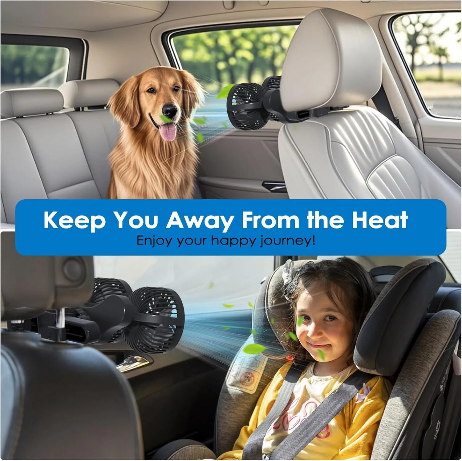Car Fan, XOOL Electric Car Fans for Rear Seat Passenger Portable Car Seat Fan Headrest 360 Degree Rotatable Backseat Car Fan 12V Cooling Air Fan with 2 USB Charging Ports for SUV, RV, Vehicles