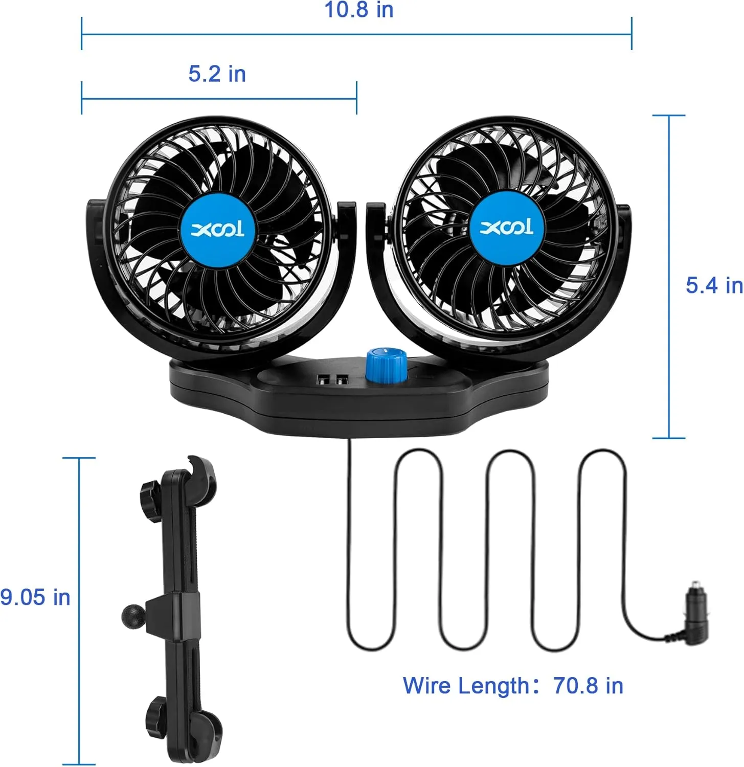 Car Fan, XOOL Electric Car Fans for Rear Seat Passenger Portable Car Seat Fan Headrest 360 Degree Rotatable Backseat Car Fan 12V Cooling Air Fan with 2 USB Charging Ports for SUV, RV, Vehicles